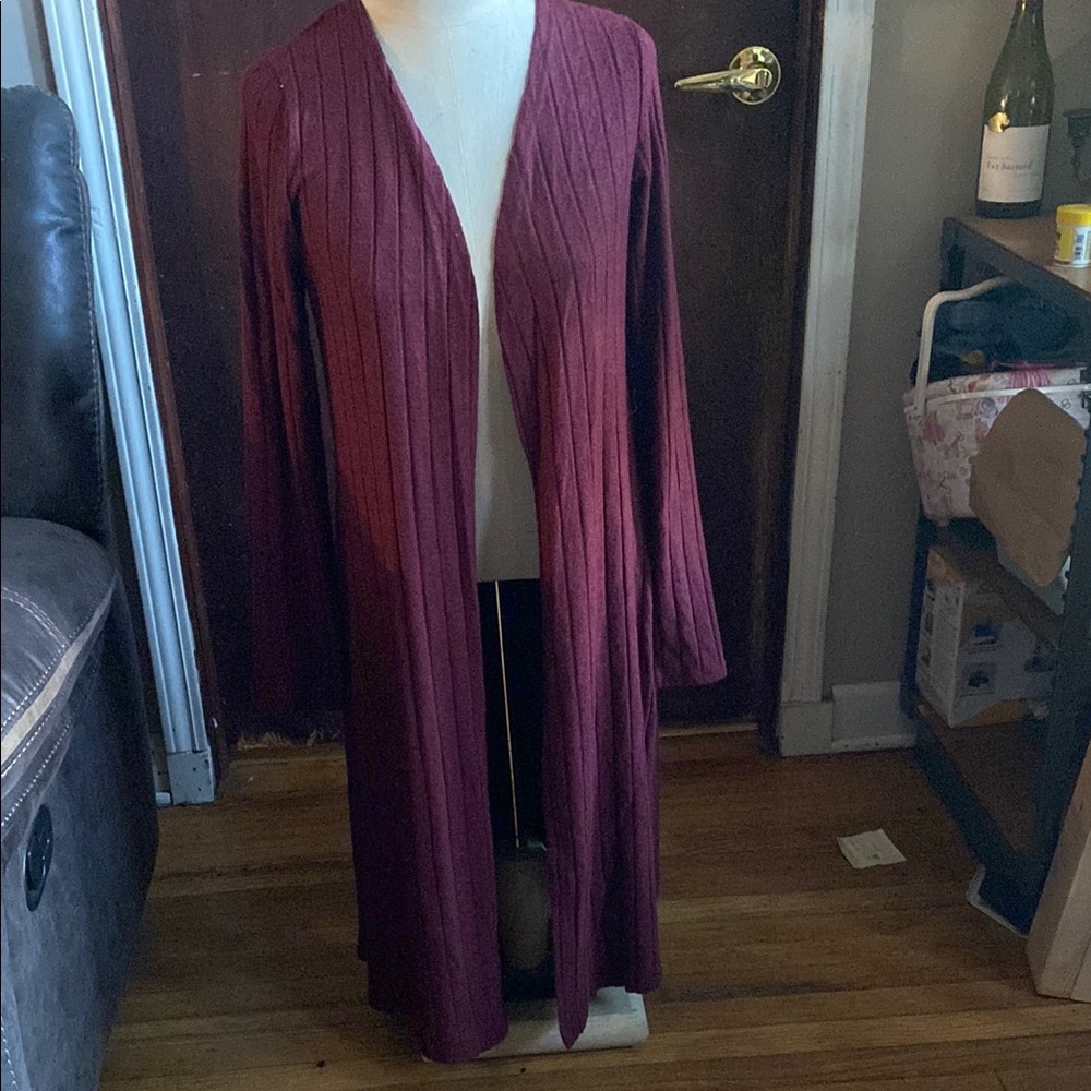 Maroon Ribbed Long Cardigan